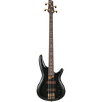 Black Ibanez SR3500BK Prestige electric bass guitar with case, featuring sleek body and four-string design.