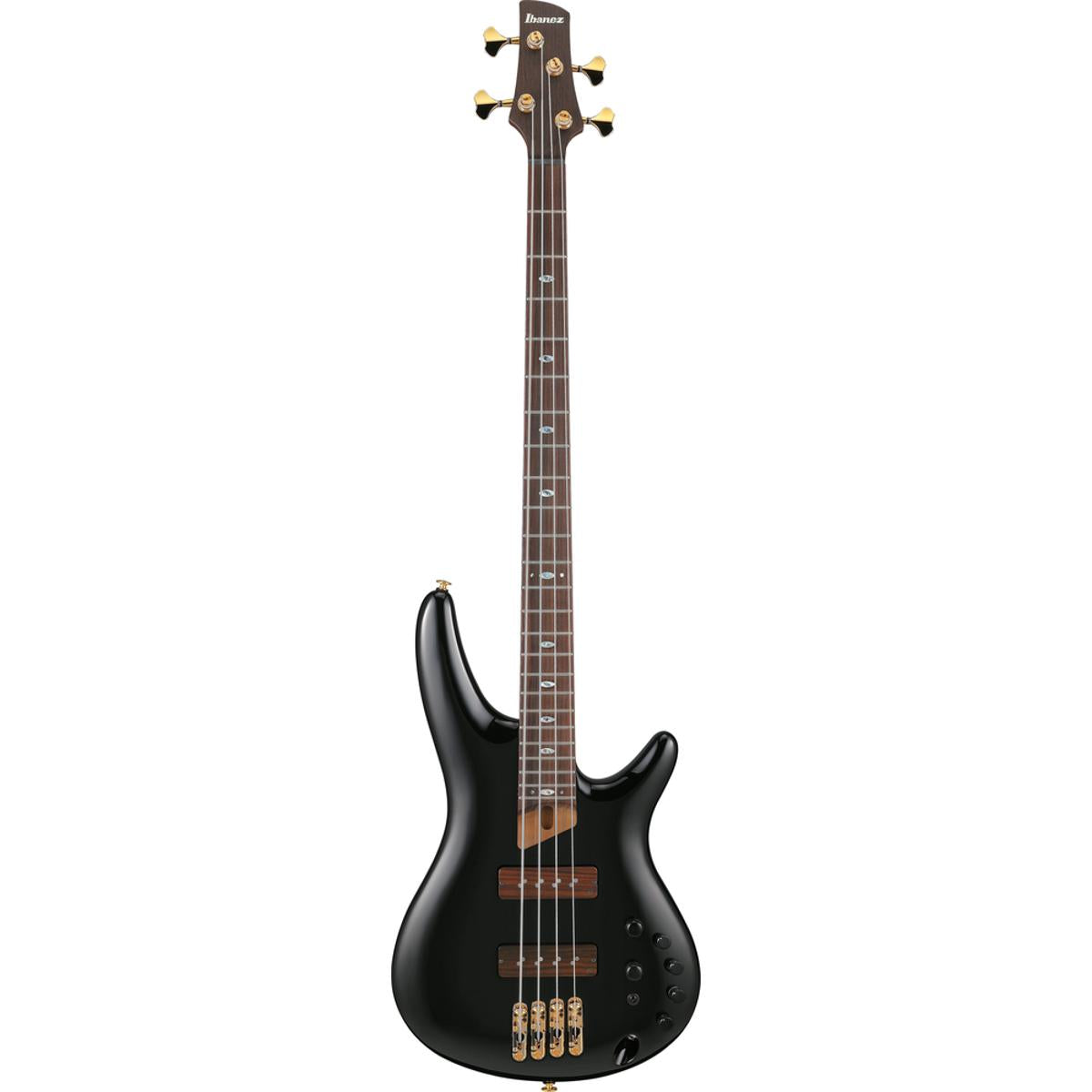 Black Ibanez SR3500BK Prestige electric bass guitar with case, featuring sleek body and four-string design.
