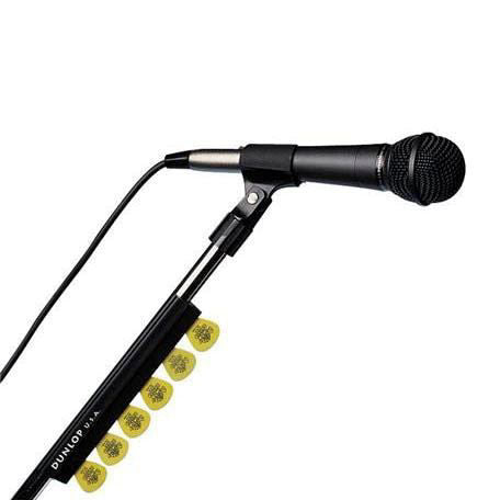 Jim Dunlop guitar pick holder on a mic stand, compact Dunlop guitar accessories for easy pick access during performances.