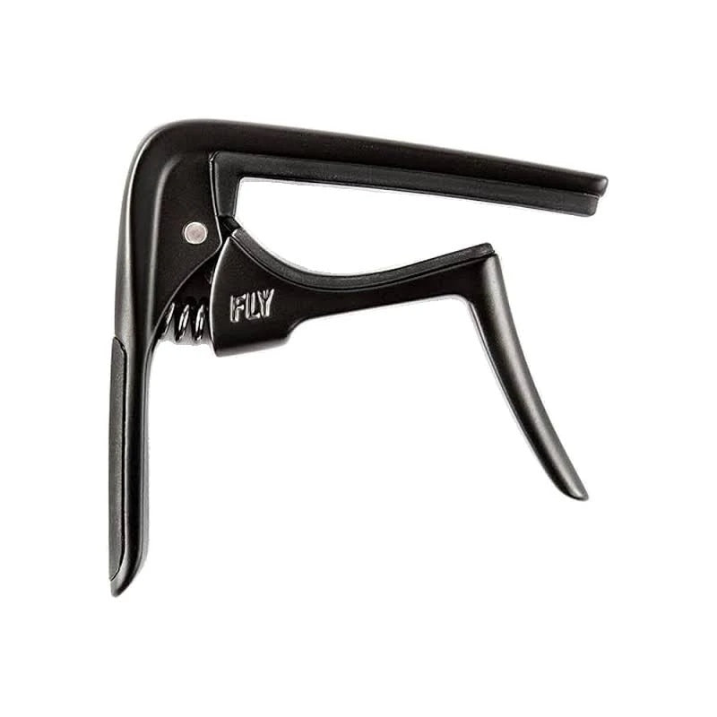 Black Jim Dunlop Trigger Fly Capo attached to a guitar neck, showcasing its compact design and easy one-handed operation.