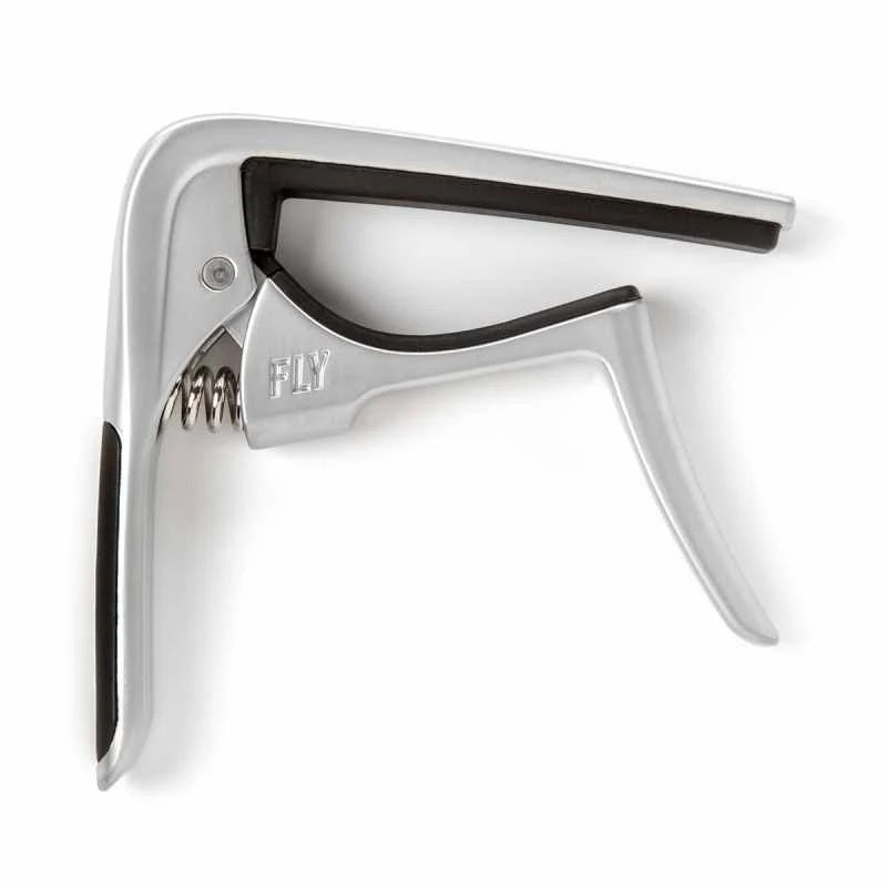 Jim Dunlop Trigger Fly Capo in satin chrome, a guitar capo with a sleek design, shown on a neutral background.