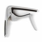 Jim Dunlop Trigger Fly Capo in satin chrome, a guitar capo with a sleek design, shown on a neutral background.