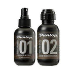 Dunlop J6502 guitar fingerboard care kit with cleaning cloth, polish, and tools for guitar maintenance.
