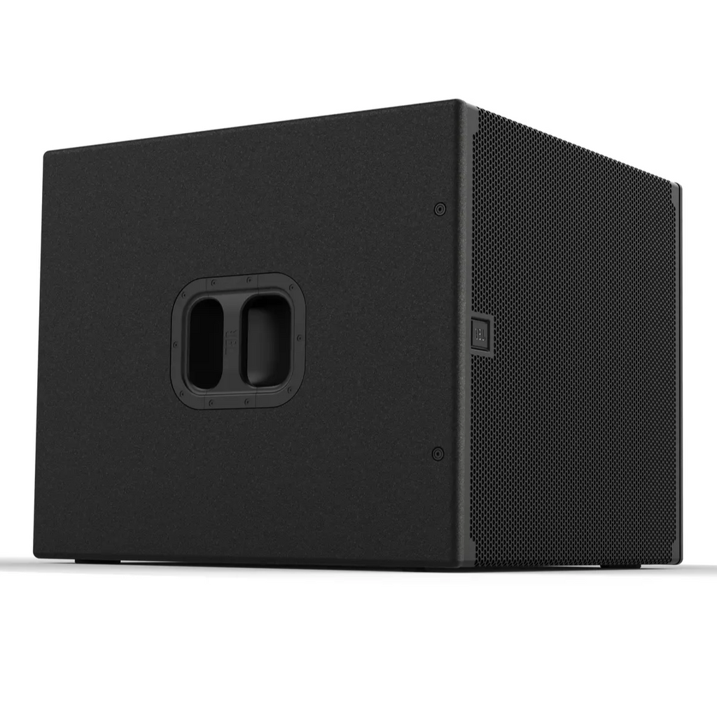 JBL SRX918S 18-inch powered subwoofer with black enclosure and control panel, designed for high-performance audio systems.