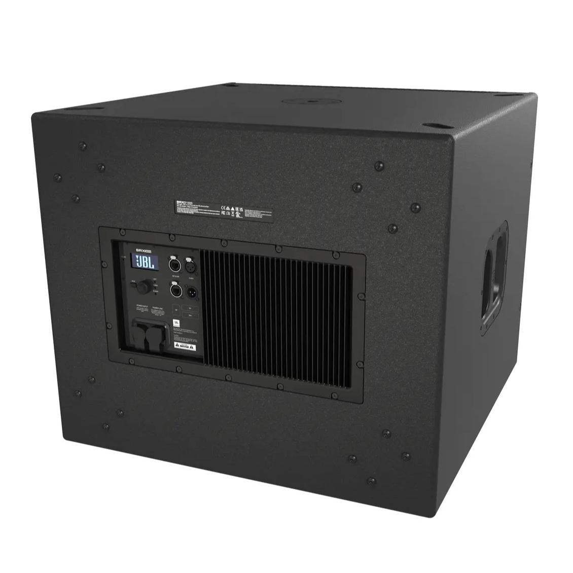 JBL SRX918S 18-inch powered subwoofer with black enclosure and control panel, designed for professional sound reinforcement.