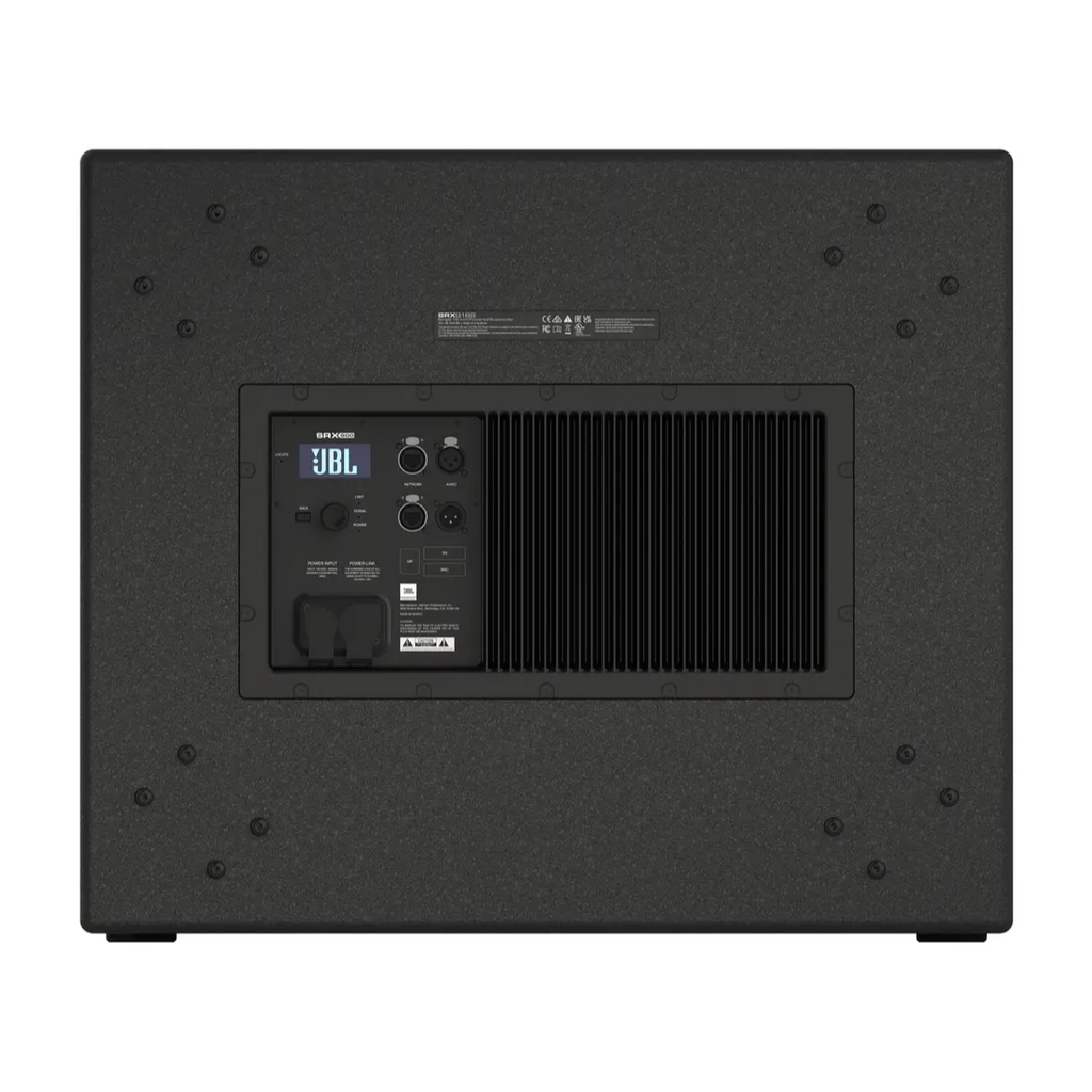 JBL SRX918S 18-inch powered subwoofer with black enclosure and control panel, designed for professional sound reinforcement.