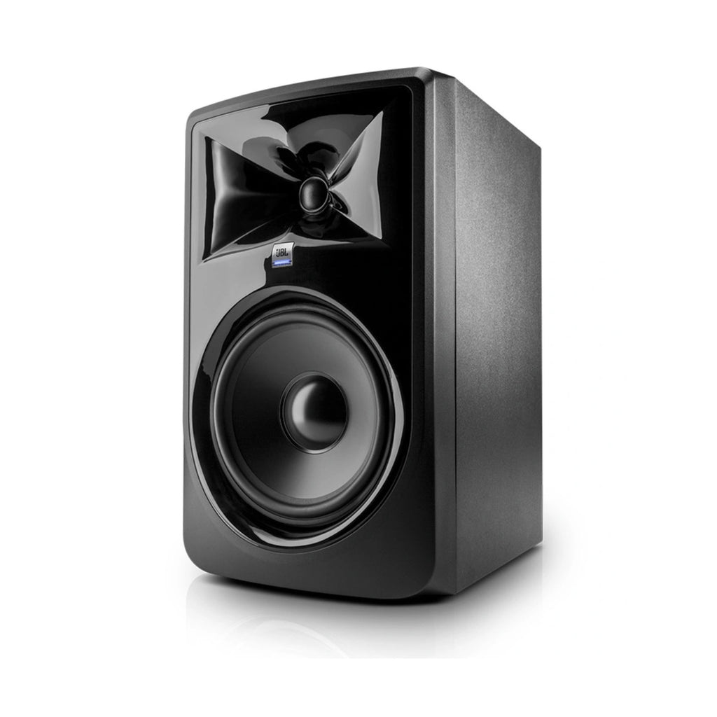 JBL LSR308MKII 8-inch 2-way studio monitor speaker showing a black speaker with control knobs and JBL branding.