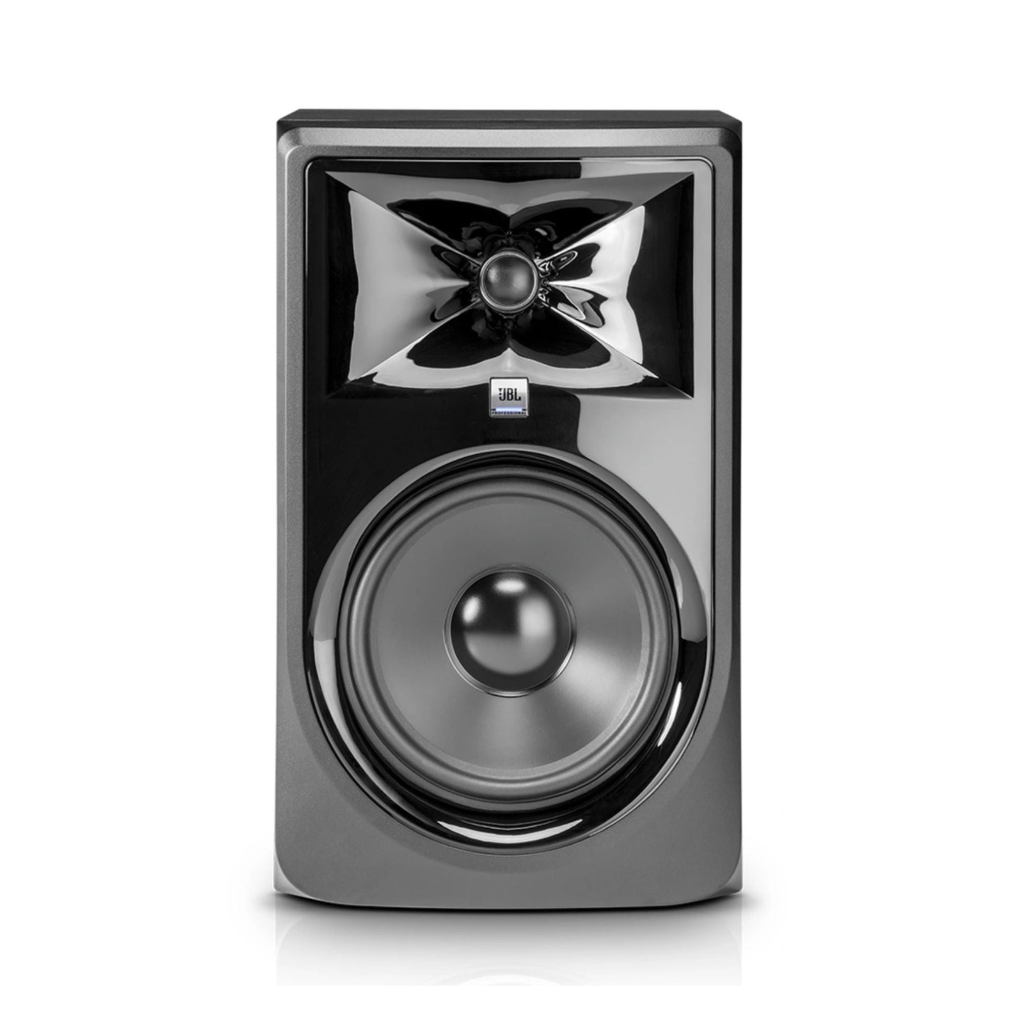 JBL LSR308MKII 8-inch 2-way studio monitor speaker showing front view with grille and control panel for professional audio monitoring.