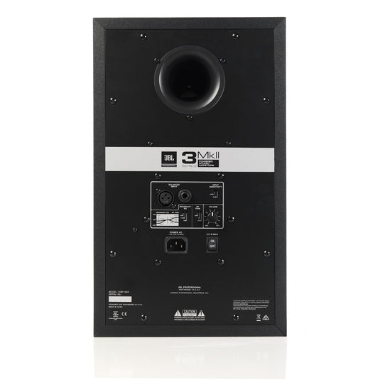 JBL LSR308MKII 8-inch 2-way studio monitor speaker shown from the front with black enclosure and detailed speaker components.