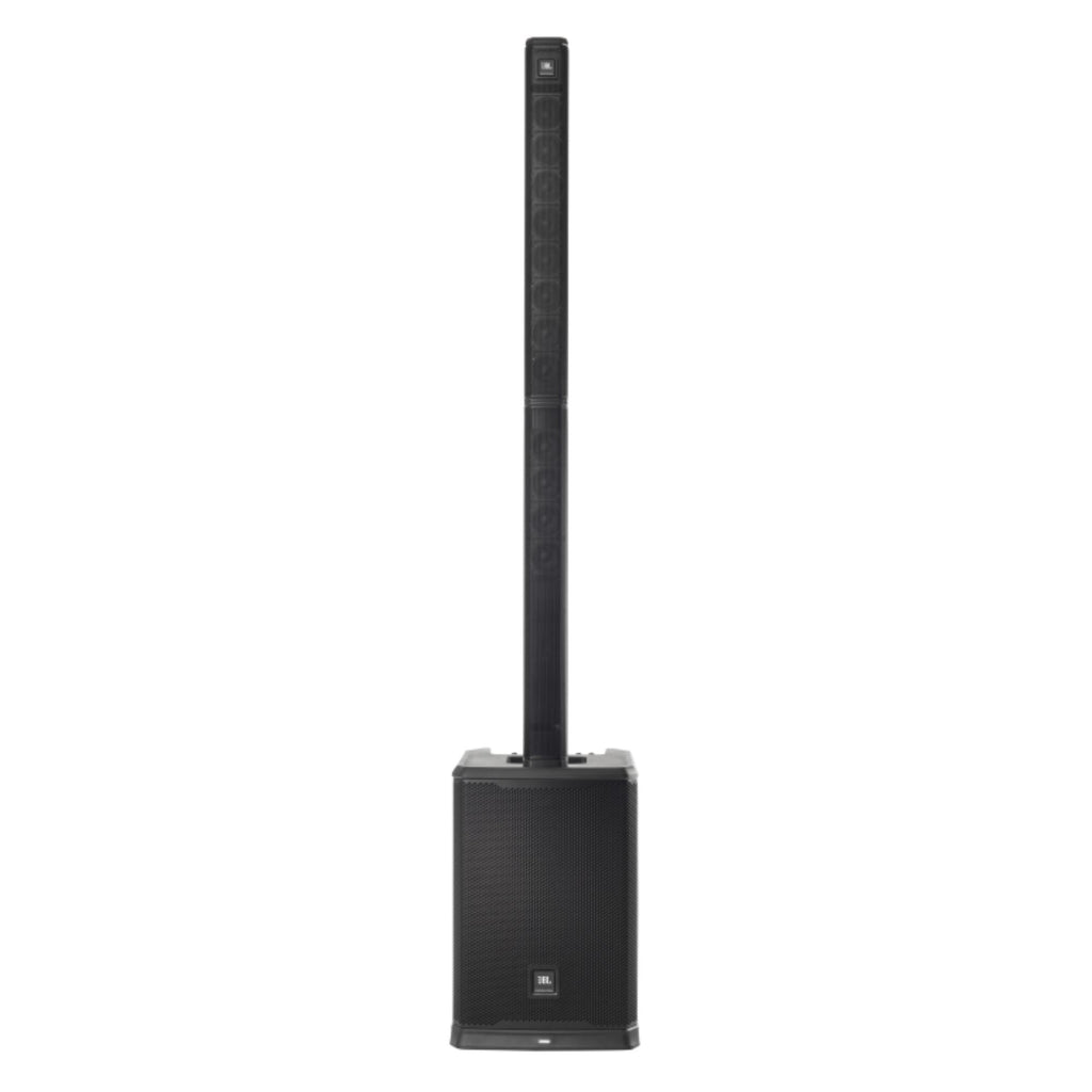 JBL PRX ONE powered column PA speaker with built-in mixer and DSP, featuring sleek vertical design and multiple connection options.