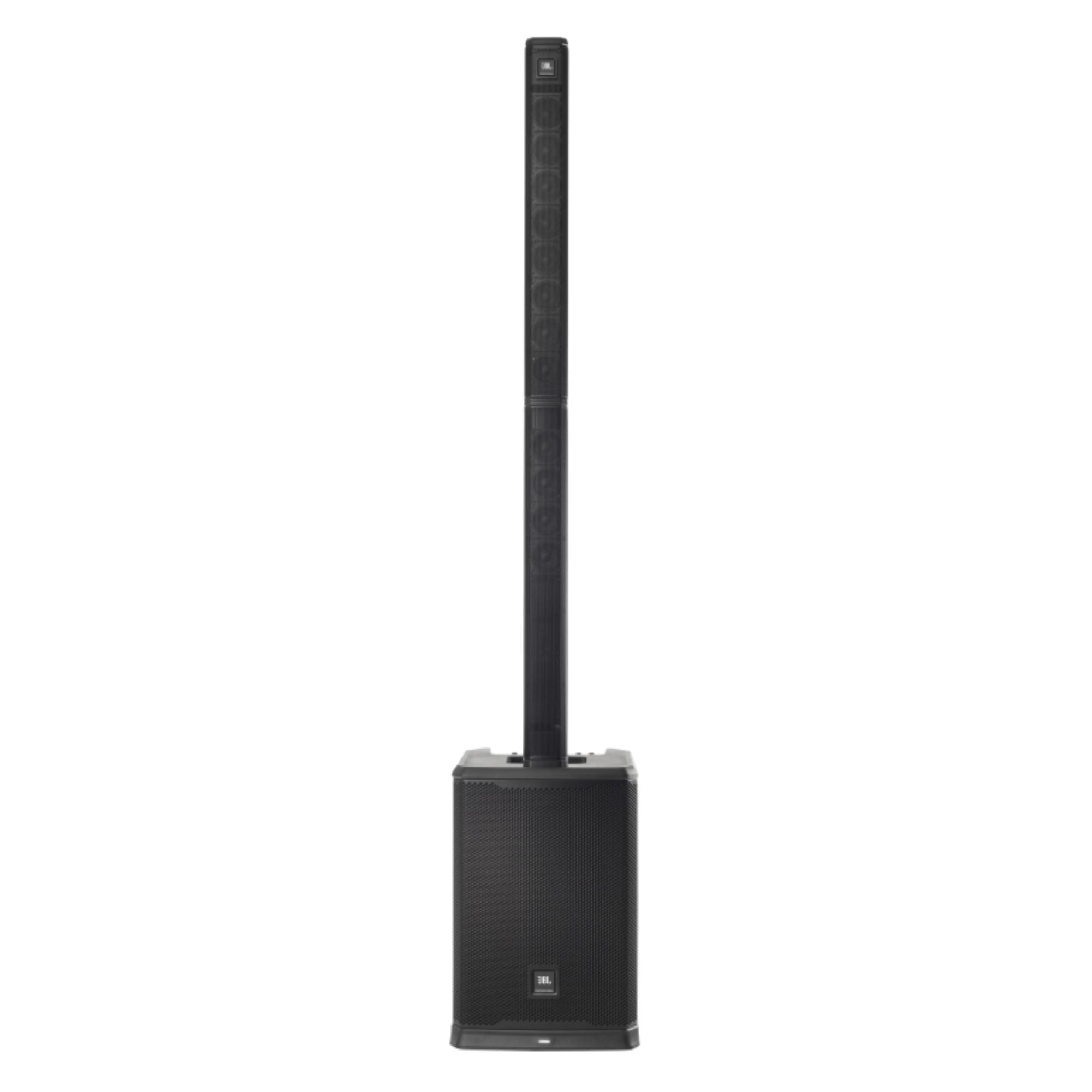 JBL PRX ONE powered column PA speaker with built-in mixer and DSP, featuring sleek vertical design and multiple connection options.