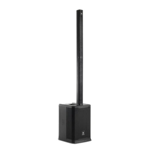 JBL PRX ONE powered column PA system with integrated mixer and DSP, featuring sleek tall black speaker with control panel.
