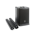 JBL PRX ONE powered column PA system with built-in mixer and DSP, showing sleek tall speaker design and control panel.