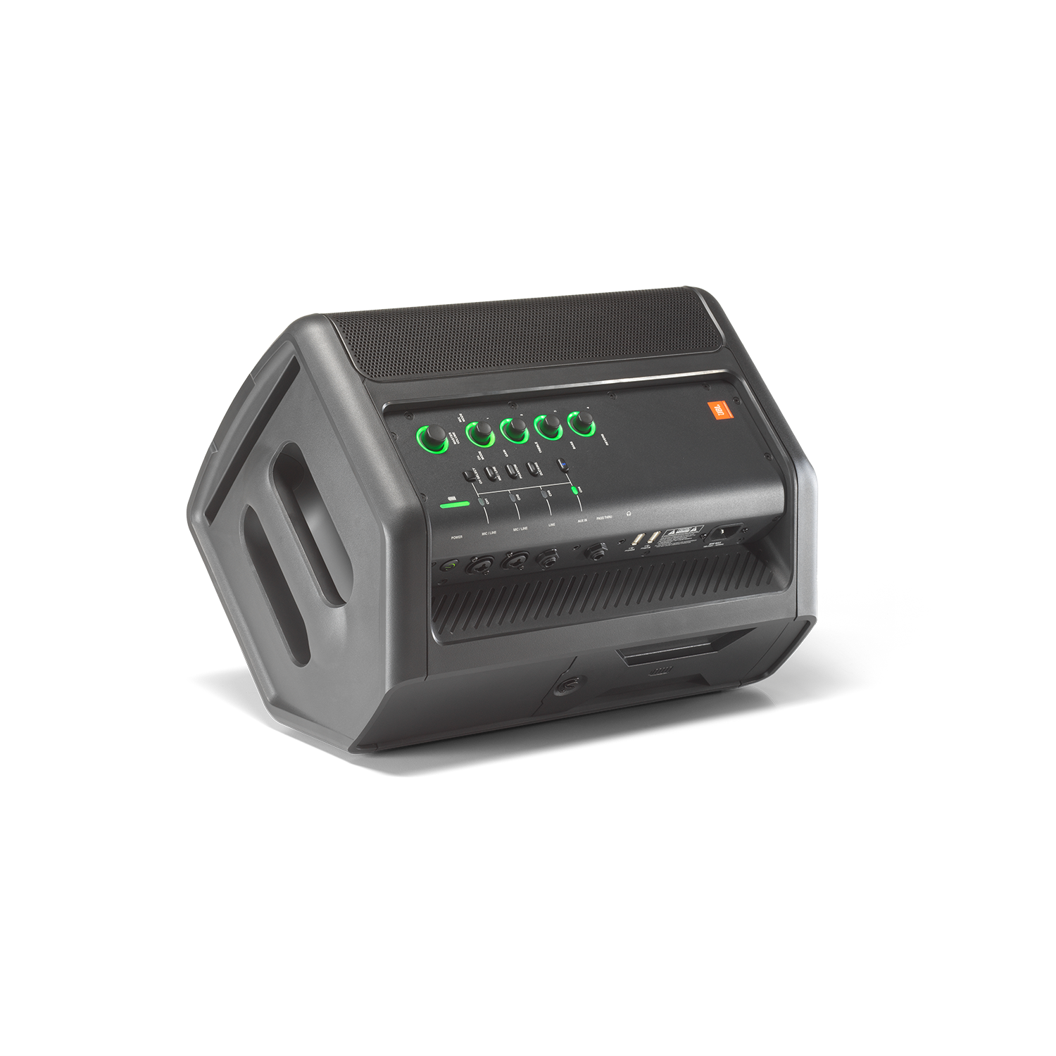 JBL EON One Compact battery-powered PA speaker with built-in handles and control panel, ideal for portable sound reinforcement.