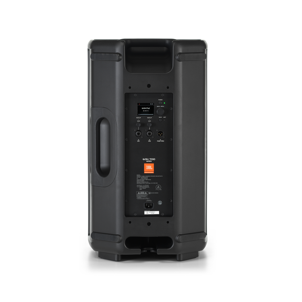 JBL EON712 1300W 12-inch powered speaker showing the black speaker cabinet with control panel and integrated handles.