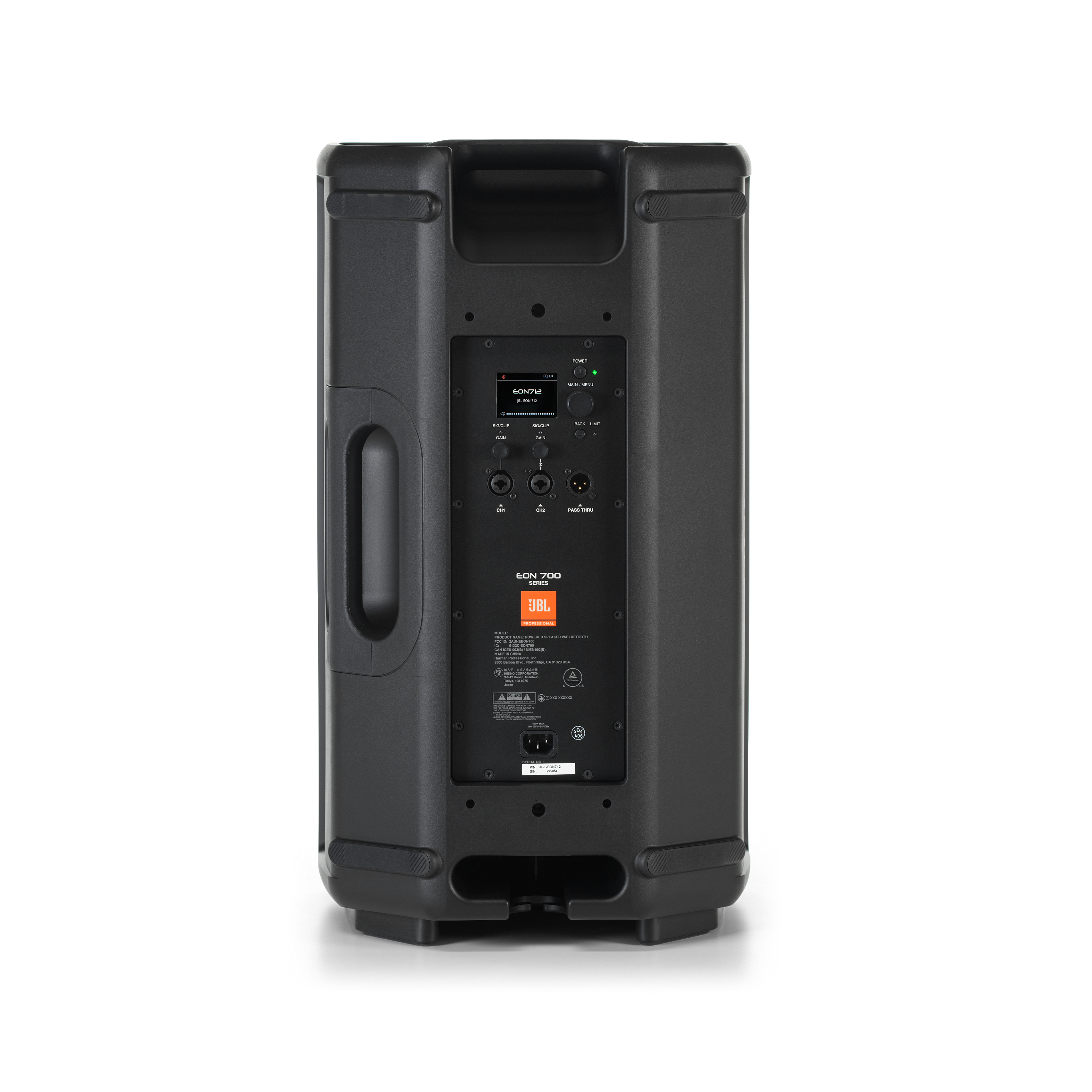 JBL EON712 1300W 12-inch powered speaker showing the black speaker cabinet with control panel and integrated handles.