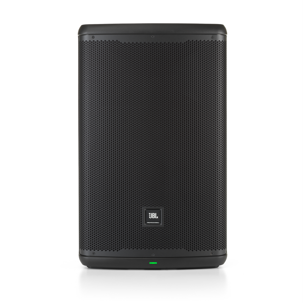 JBL EON715 15-inch powered speaker with Bluetooth, 1300W professional audio equipment, featuring a sleek black enclosure and control panel.