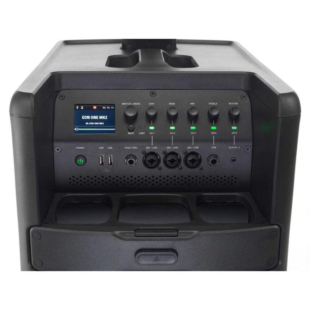 JBL Professional EON ONE MKII linear array PA system with 6-channel mixer, compact column speaker setup for live sound.