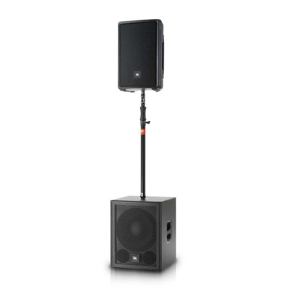 JBL IRX 12-inch powered portable PA speaker with Bluetooth, showcasing its front grille and control panel.