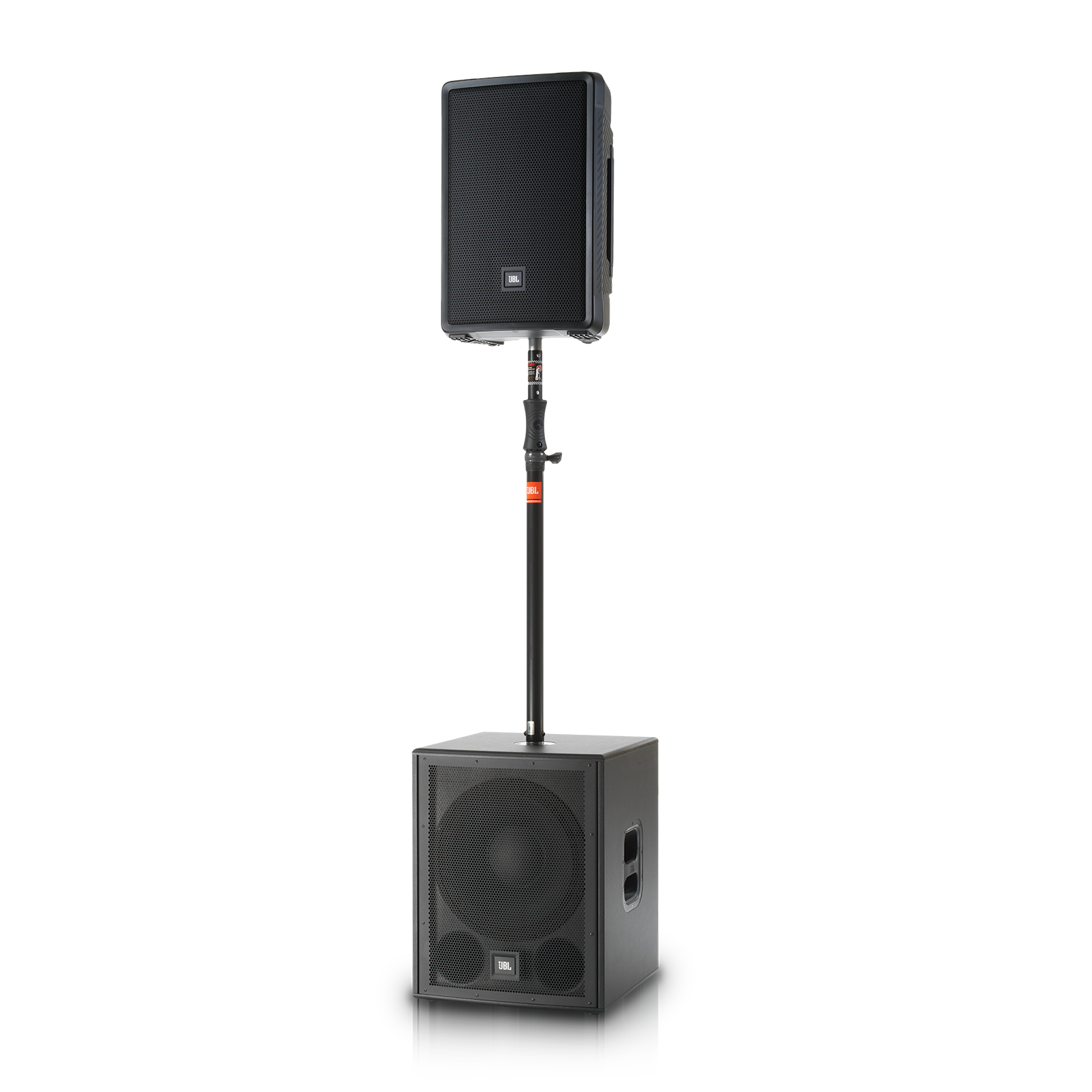 JBL IRX 12-inch powered portable PA speaker with Bluetooth, showcasing its front grille and control panel.