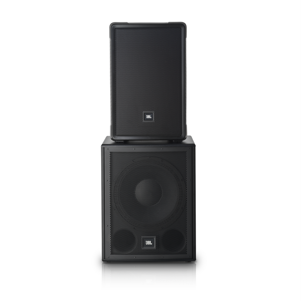 JBL IRX 12-inch powered portable PA speaker with Bluetooth, showing the speaker with control panel and handle for easy transport.