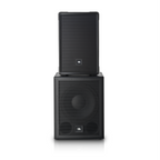 JBL IRX 12-inch powered portable PA speaker with Bluetooth, showing the speaker with control panel and handle for easy transport.