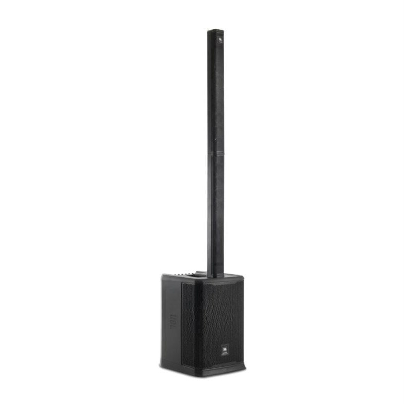 JBL PRX ONE powered column PA system with mixer and DSP, showing sleek tall speaker design with control panel and connectivity ports.