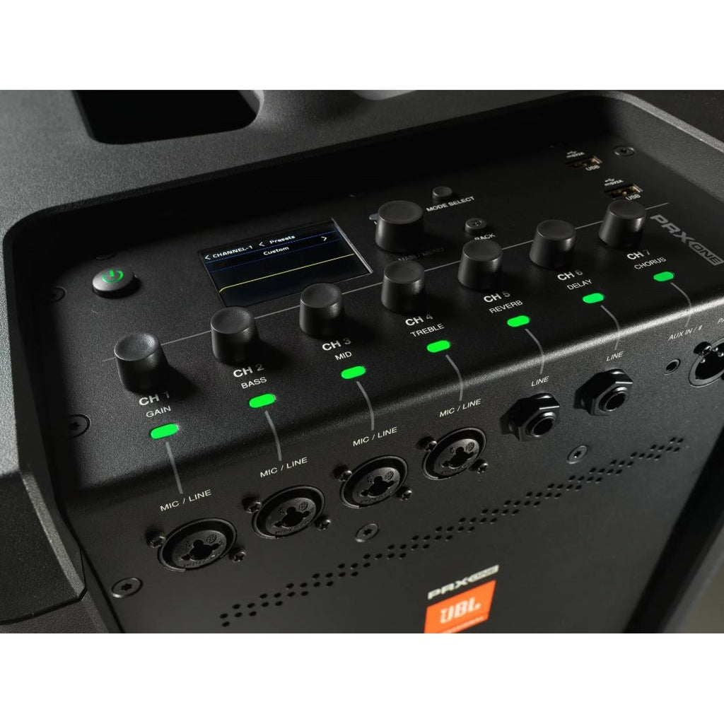 JBL PRX ONE powered column PA system with built-in mixer and DSP, featuring sleek vertical design and multiple speaker components.