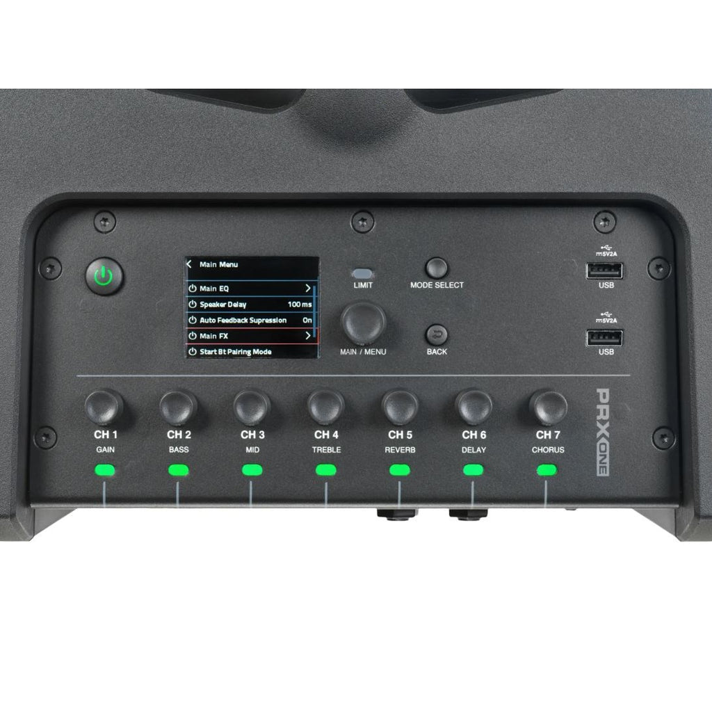JBL PRX ONE powered column PA system with mixer and DSP, featuring sleek tall speaker design and control panel visible.