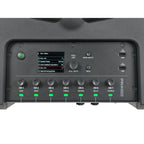 JBL PRX ONE powered column PA system with mixer and DSP, featuring sleek tall speaker design and control panel visible.
