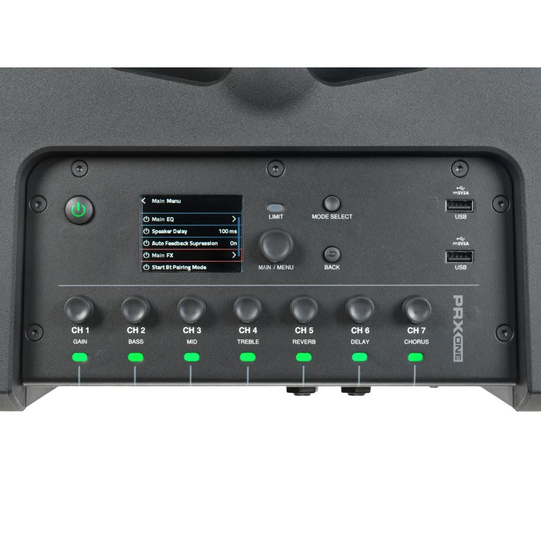 JBL PRX ONE powered column PA system with mixer and DSP, featuring sleek tall speaker design and control panel visible.