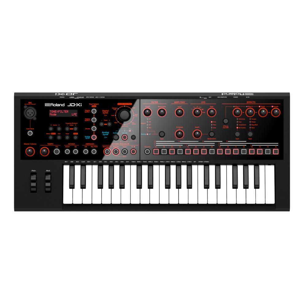 Roland JD-Xi interactive analogue digital crossover synthesizer keyboard with knobs and keys, black and compact design