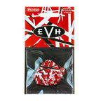 Six EVH Jim Dunlop Frankenstein Max-Grip .60mm guitar picks displayed in a pack, featuring black picks with EVH branding.