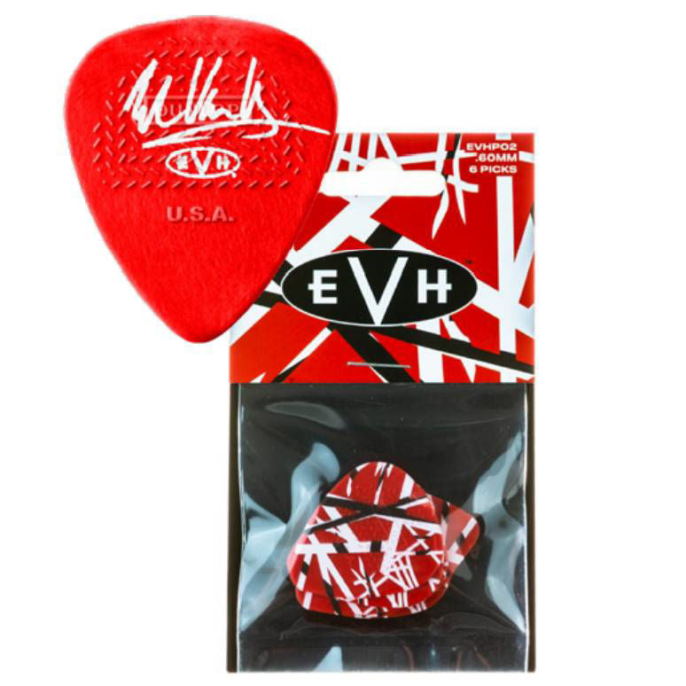 Six EVH Jim Dunlop Frankenstein Max-Grip .60mm guitar picks shown, featuring distinctive design and textured grip for precise playing.
