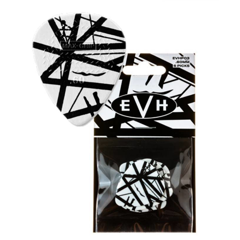 Six EVH Jim Dunlop Eruption Max-Grip guitar picks, .60mm thickness, shown in a pack with close-up of the textured grip surface.