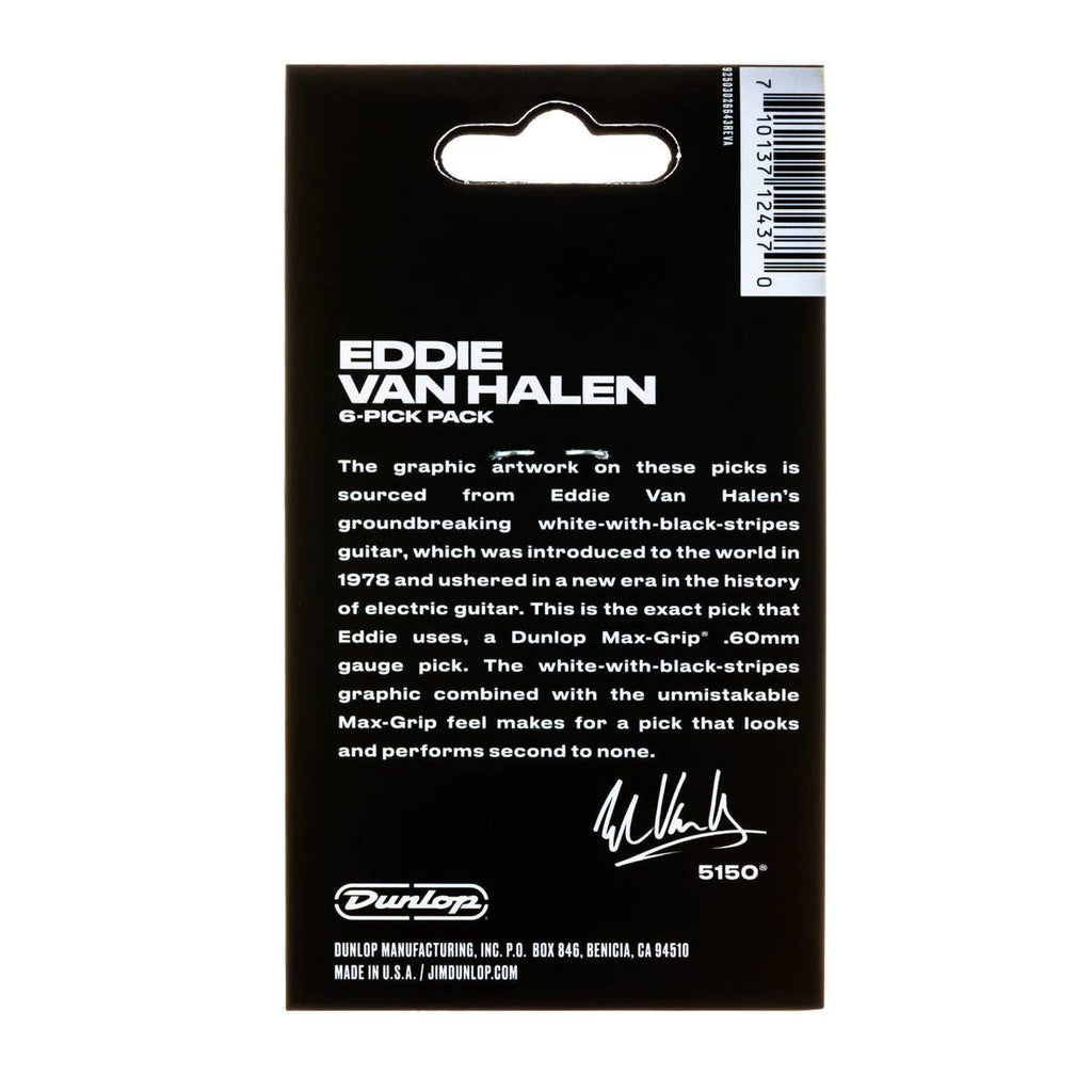 Six EVH Jim Dunlop Eruption Max-Grip .60mm guitar picks displayed in a pack, designed for precise and comfortable playing.