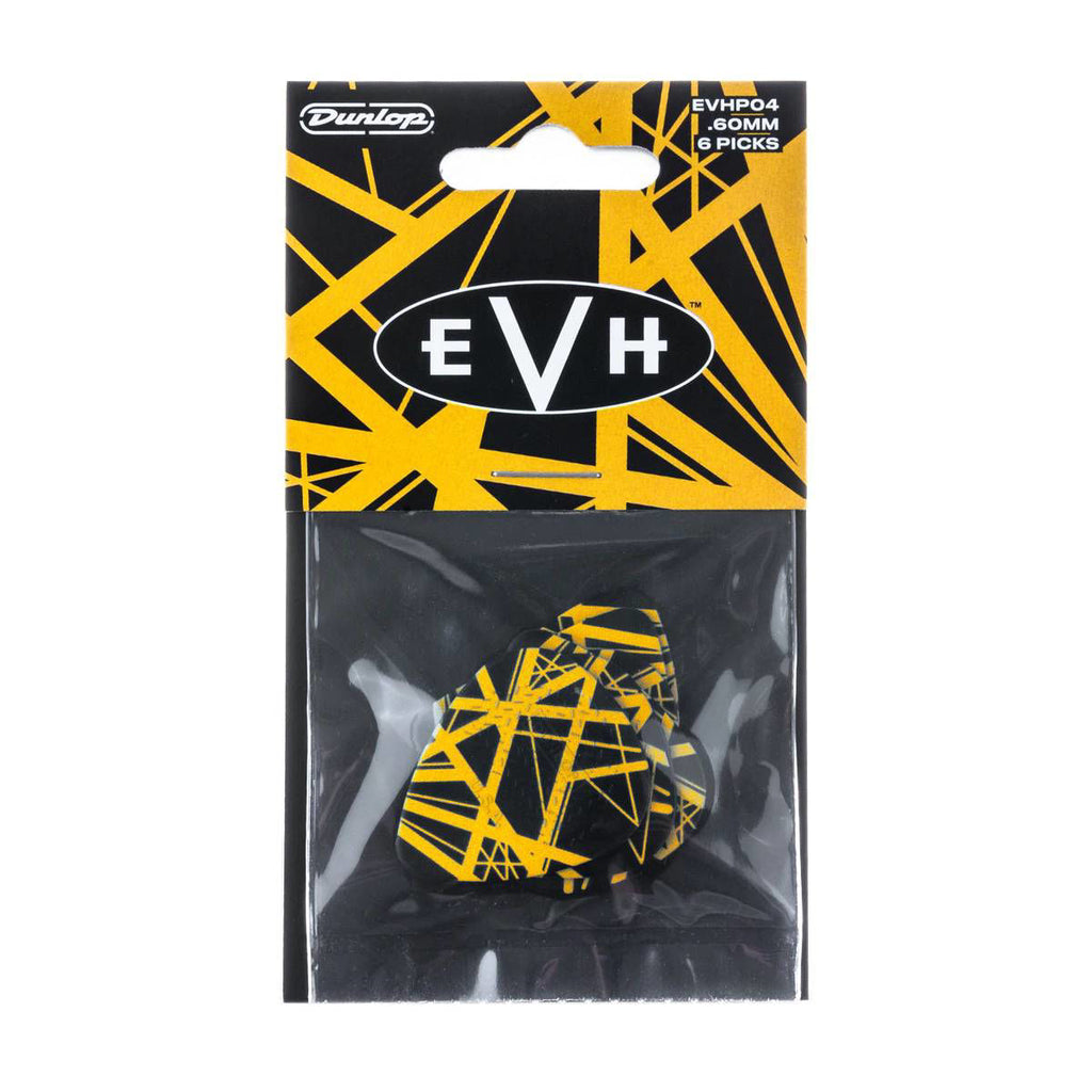 Six EVH Jim Dunlop Bumblebee Max-Grip guitar picks, .60mm thickness, with yellow and black design, displayed in a pack.