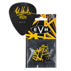 Six EVH Jim Dunlop Bumblebee Max-Grip .60mm guitar picks arranged in a pack, showcasing their distinctive yellow design.