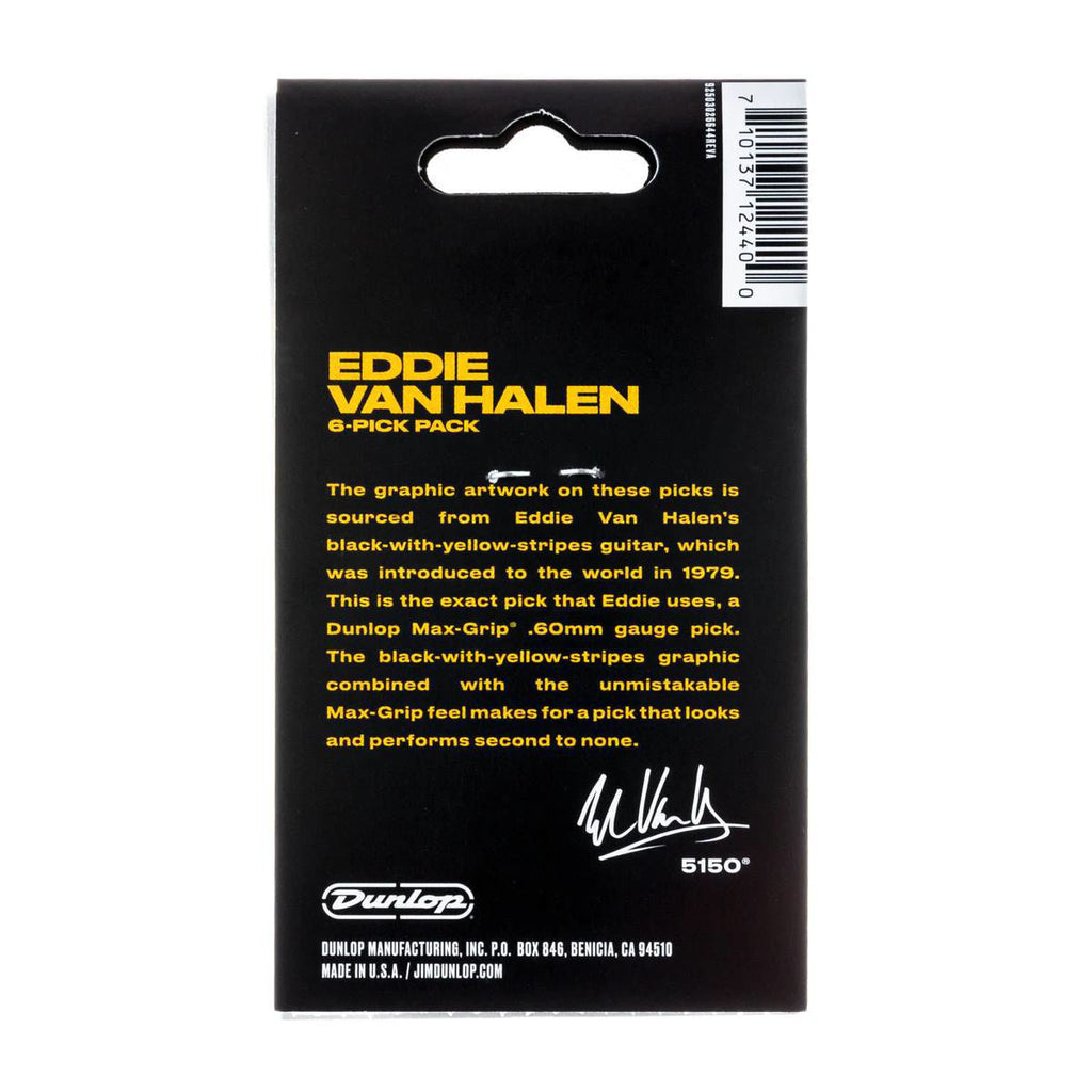 Six EVH Jim Dunlop Bumblebee Max-Grip .60mm guitar picks displayed in a pack, featuring yellow and black design with textured grip.