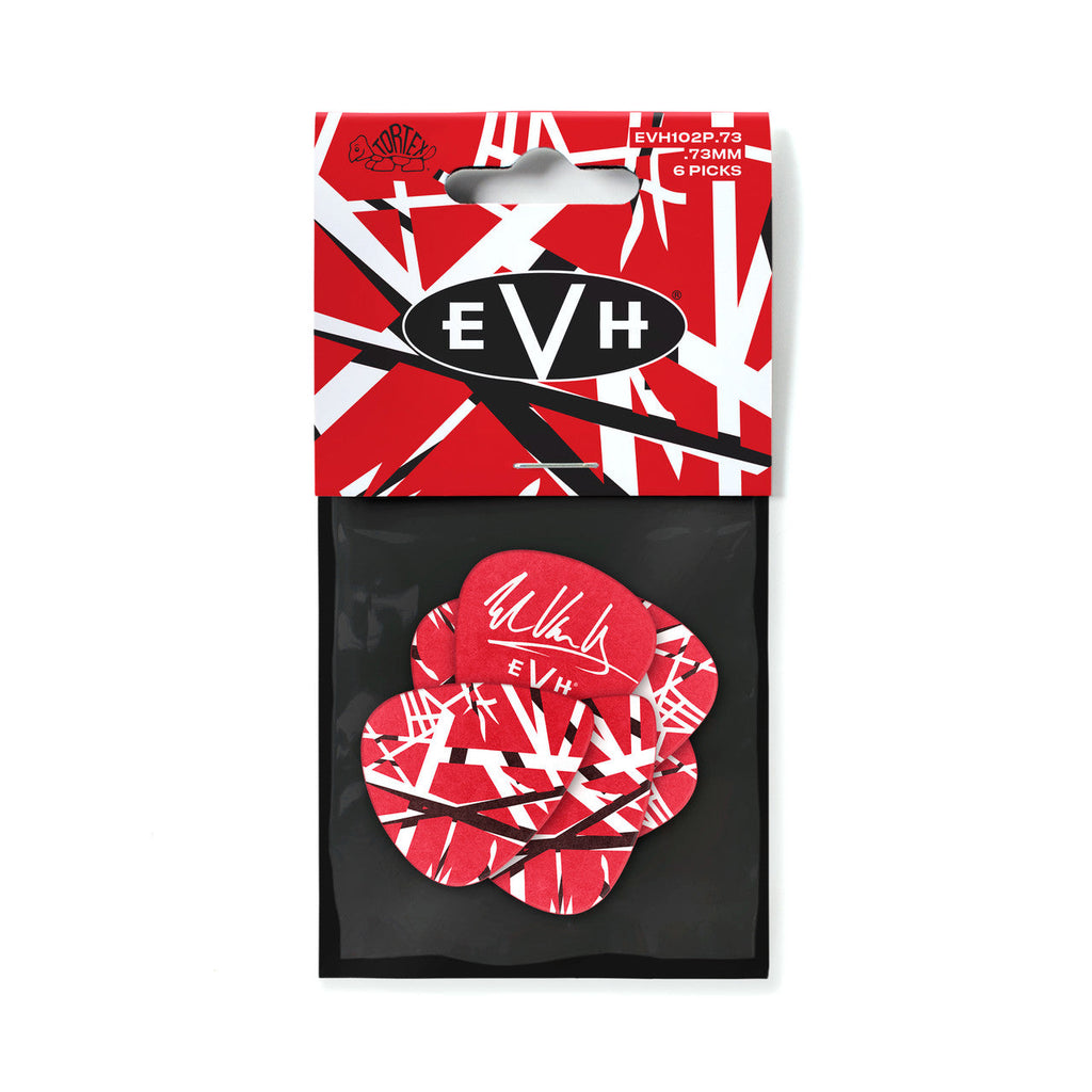 Jim Dunlop Eddie Van Halen Tortex 73mm guitar pick with Frankenstein design, featuring a colorful fade pattern.