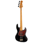 Black Jet JJB-300 BK electric bass guitar with sleek body and four strings, showcasing its modern design and control knobs.