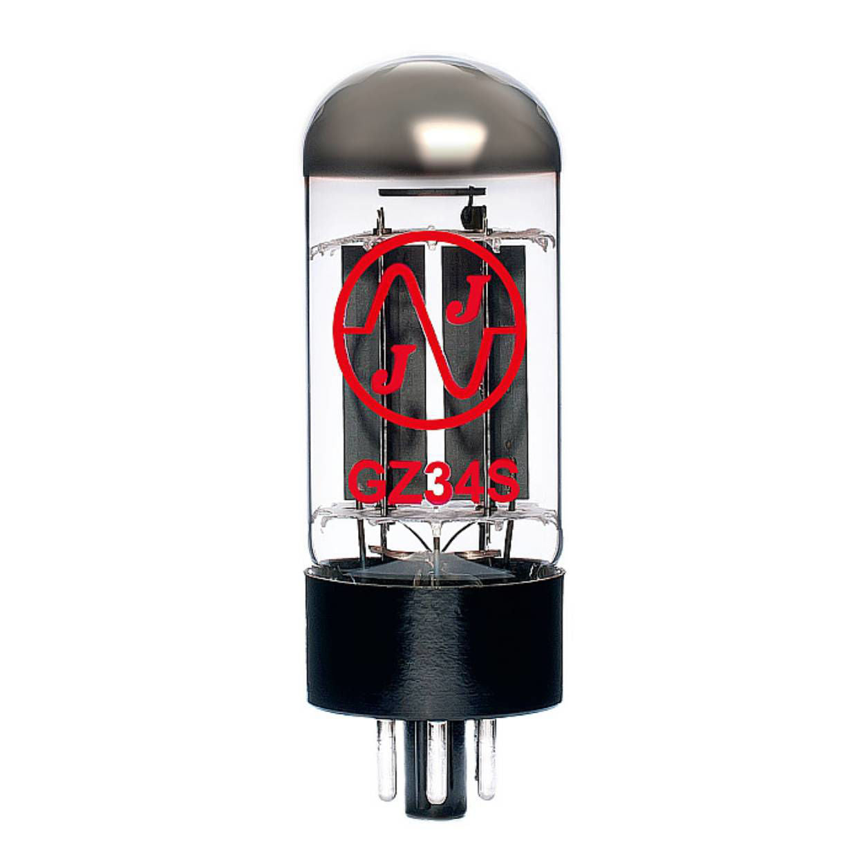 JJ Electronic GZ34/5AR4 rectifying tube for guitar amps, showing a glass vacuum tube with metal pins at the base.