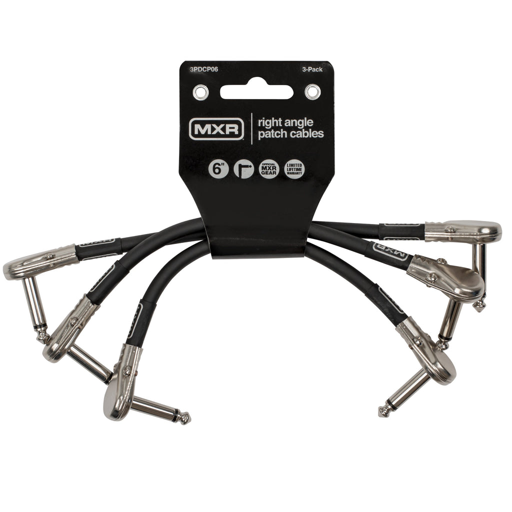 Set of three MXR JM506 6-inch guitar patch cables with black connectors and flexible cable for guitar pedal connections.