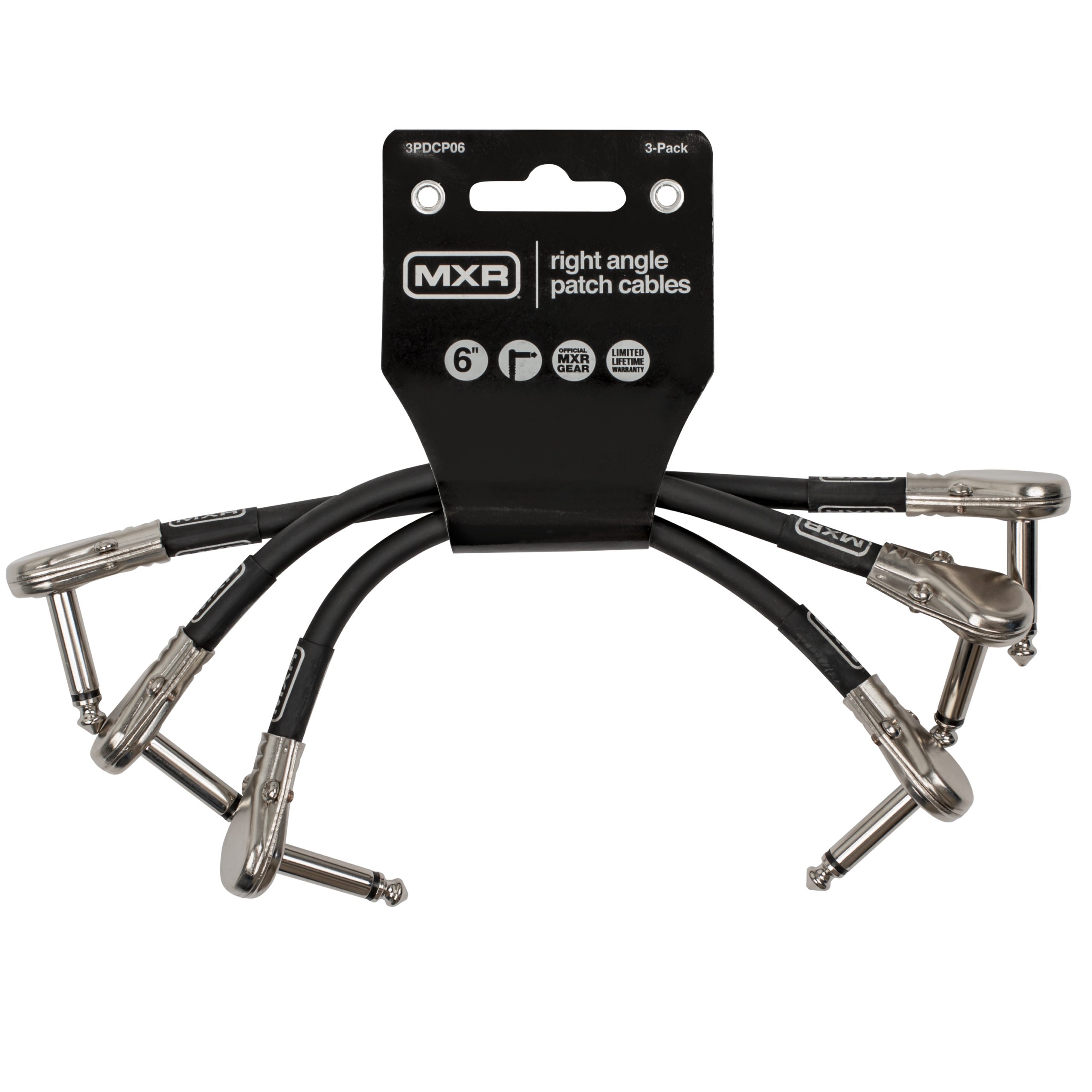 Set of three MXR JM506 6-inch guitar patch cables with black connectors and clear cables, designed for connecting guitar pedals.