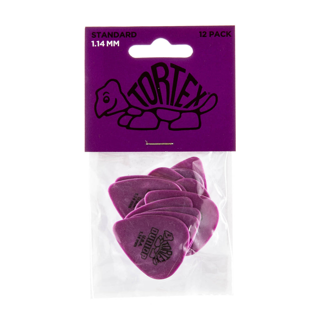 Jim Dunlop Tortex JP114 guitar pick pack with 12 medium 1.14mm picks in a display bag, showcasing durable plastic picks for guitar playing.