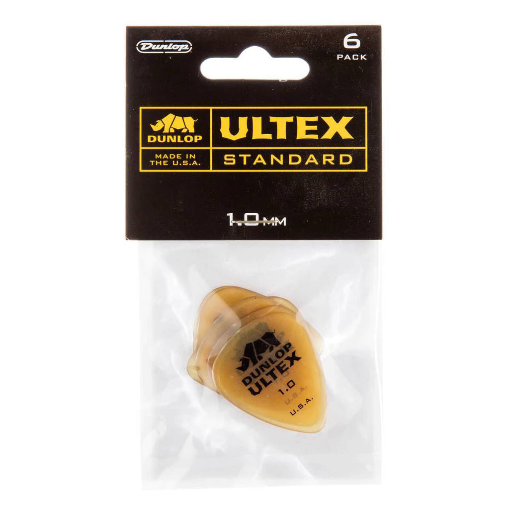 Six Jim Dunlop Ultex JP410 Standard Guitar Picks, 1.00 mm thickness, arranged in a pack for versatile playing.