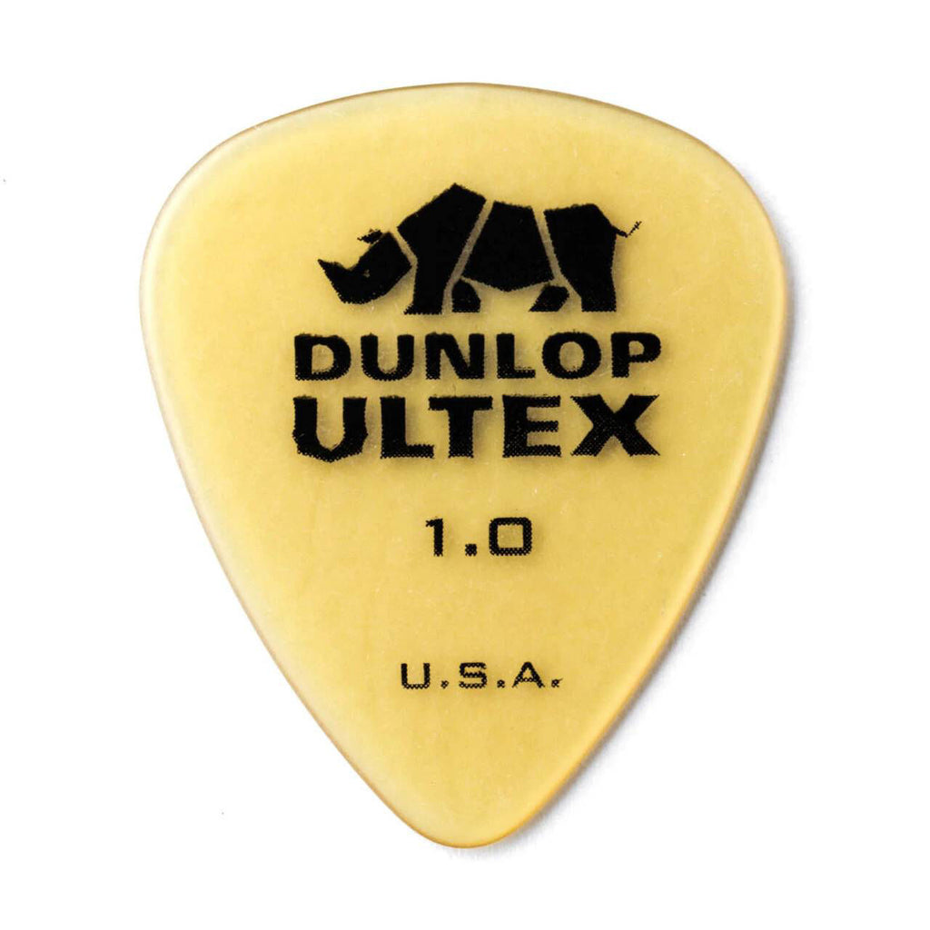 Six Jim Dunlop JP410 Ultex Standard guitar picks, 1.00 mm thickness, shown in a pack for electric and acoustic guitar playing