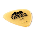 Six Jim Dunlop Ultex JP410 guitar picks, 1.00 mm thickness, arranged in a pack, showcasing their shape and clear material.