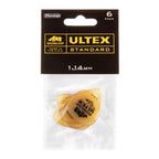 Six Jim Dunlop Ultex Standard guitar picks in a players pack, showcasing durable, textured picks ideal for guitar playing.