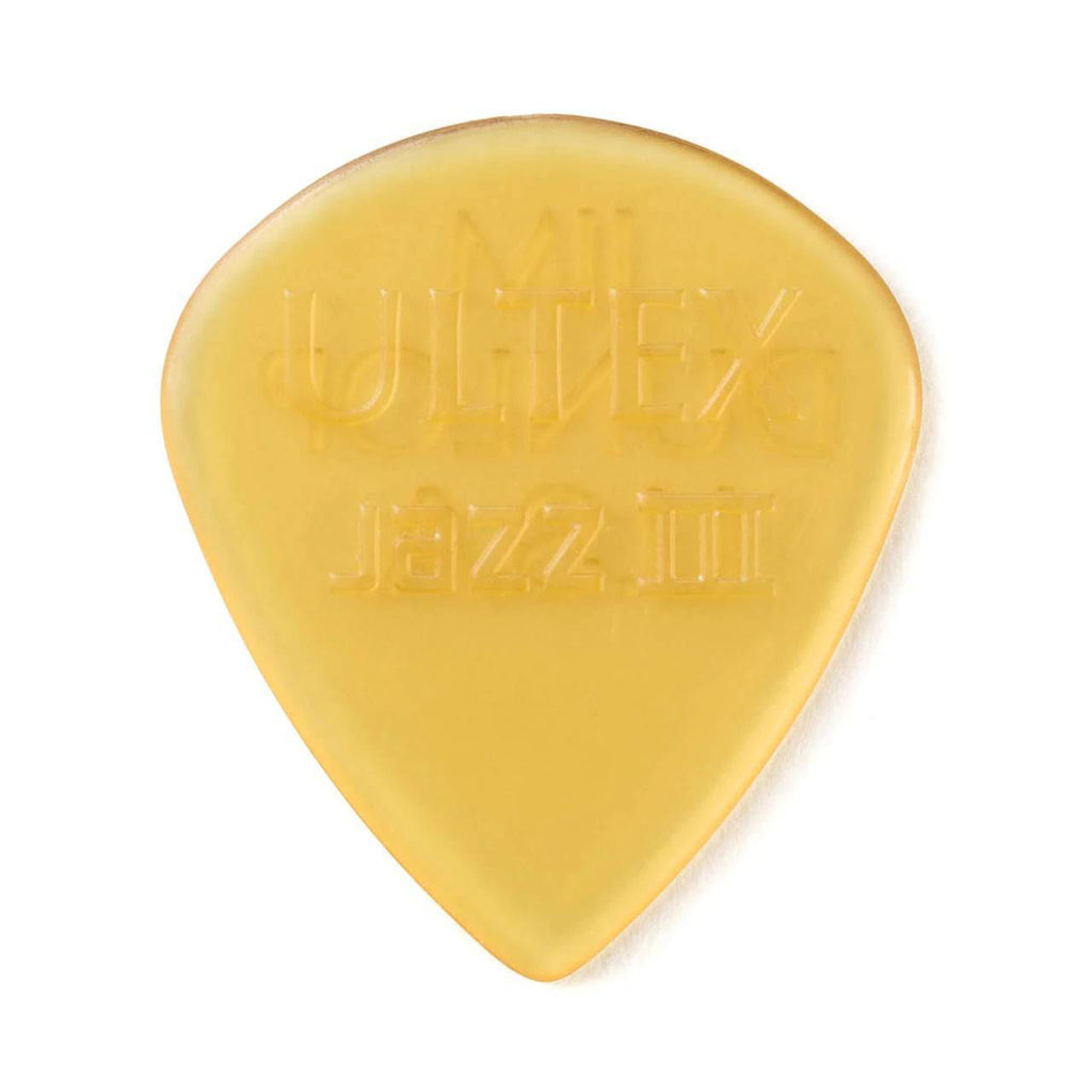 Six Jim Dunlop Ultex Jazz III guitar picks in a pack, featuring 1.38 mm thickness, ideal for precise jazz and electric guitar playing.